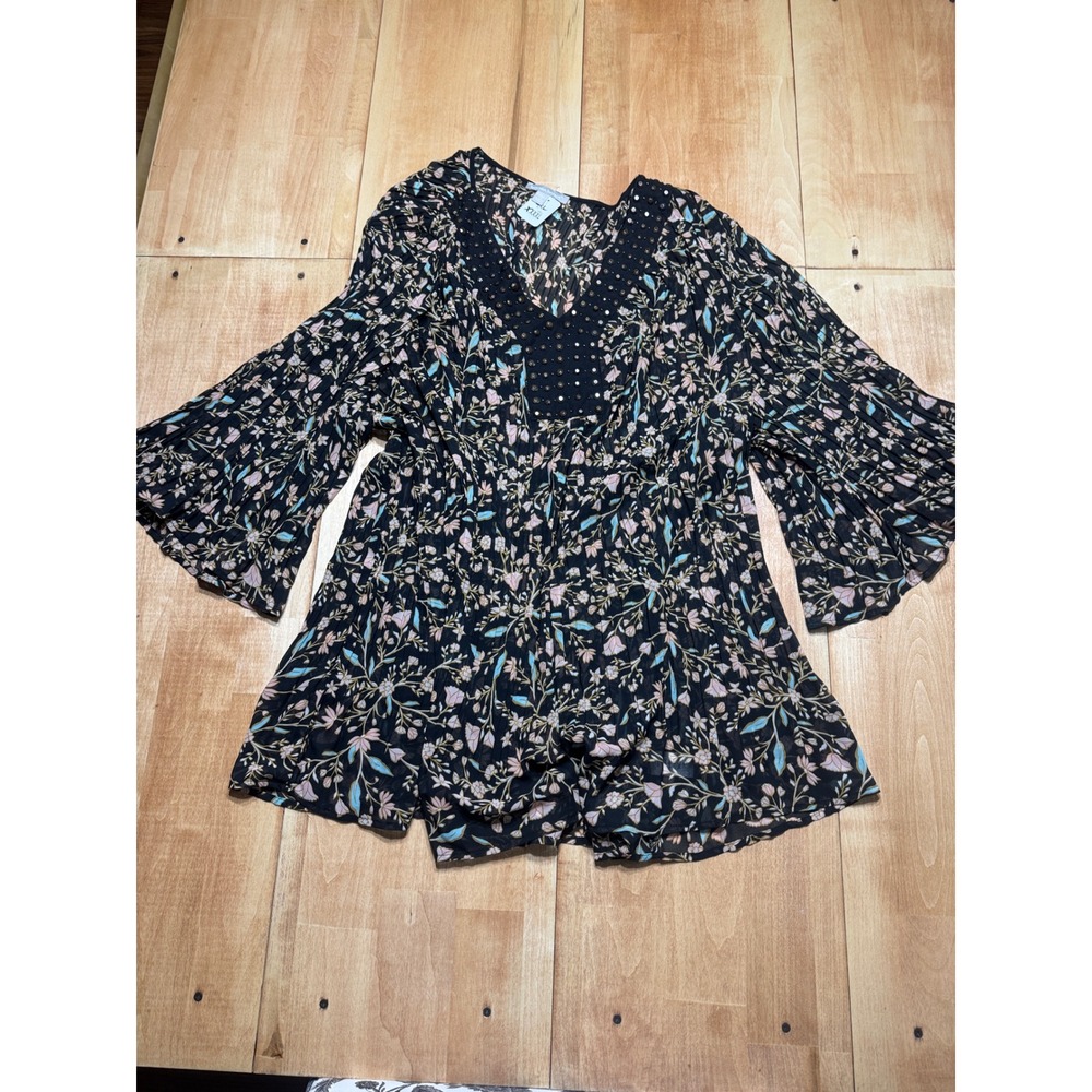 Woman Within Black Floral‎ Print Beaded V Neck Bell Sleeve Blouse Top 4X